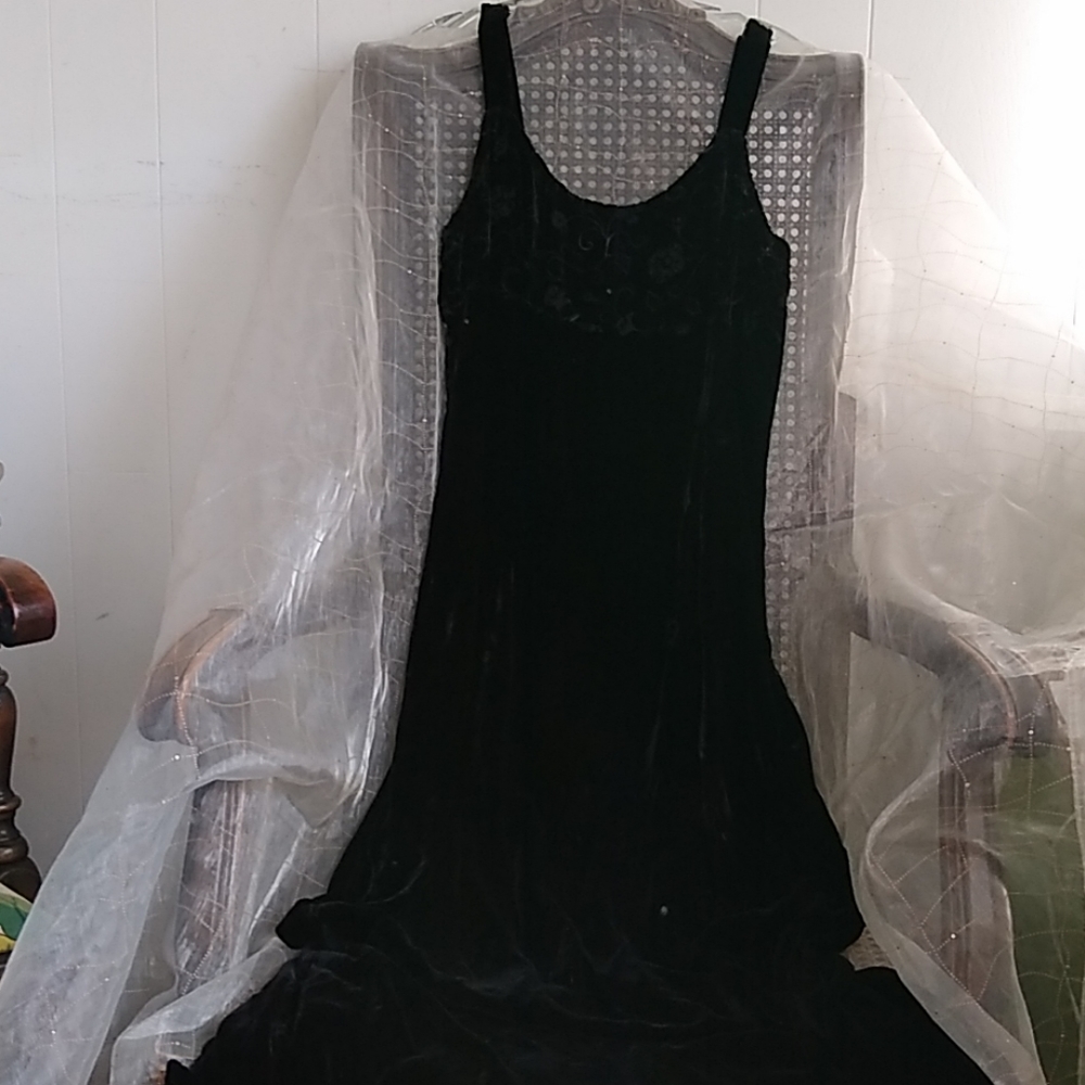 Johnny Was Long Black Velvet Evening Dress, Small